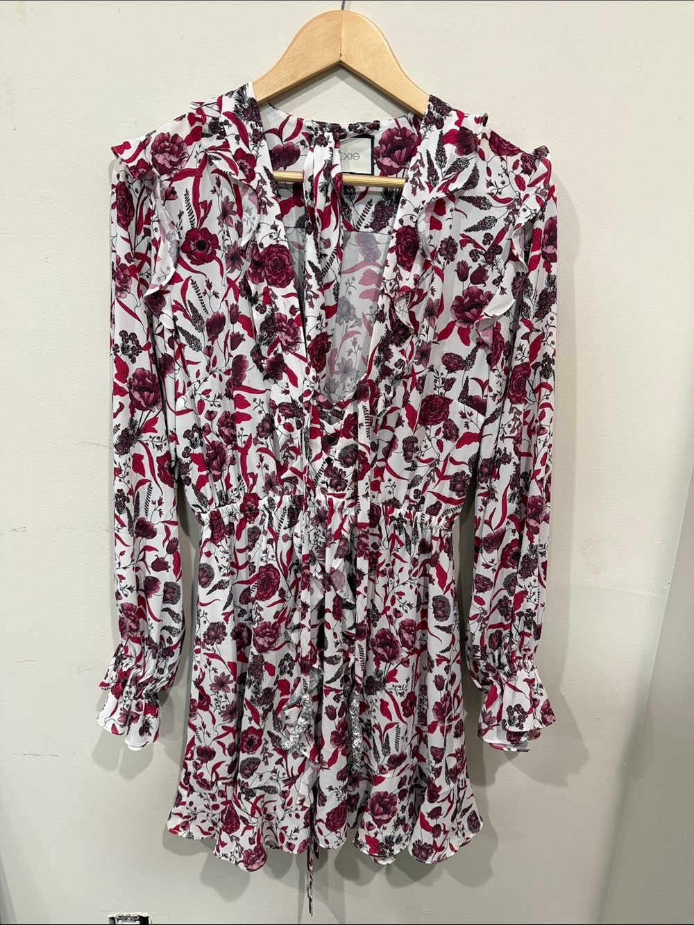 Alexis White Long Sleeve Floral Drawstring Dress with Burgundy Print